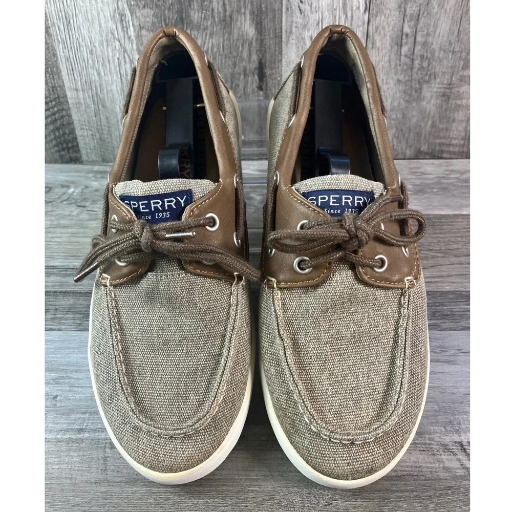 Sperry Top-Sider Tuck Kids Boat Shoes Tan Canvas Brown Trim Memory Foam Size 3M